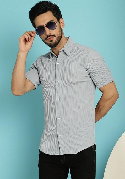 Grey Printed Cotton Blend Shirt For Men