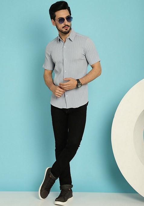 Grey Printed Cotton Blend Shirt For Men