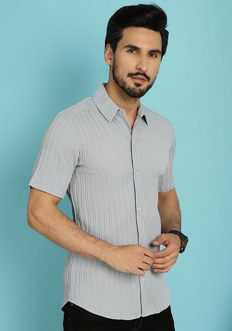 Grey Printed Cotton Blend Shirt For Men