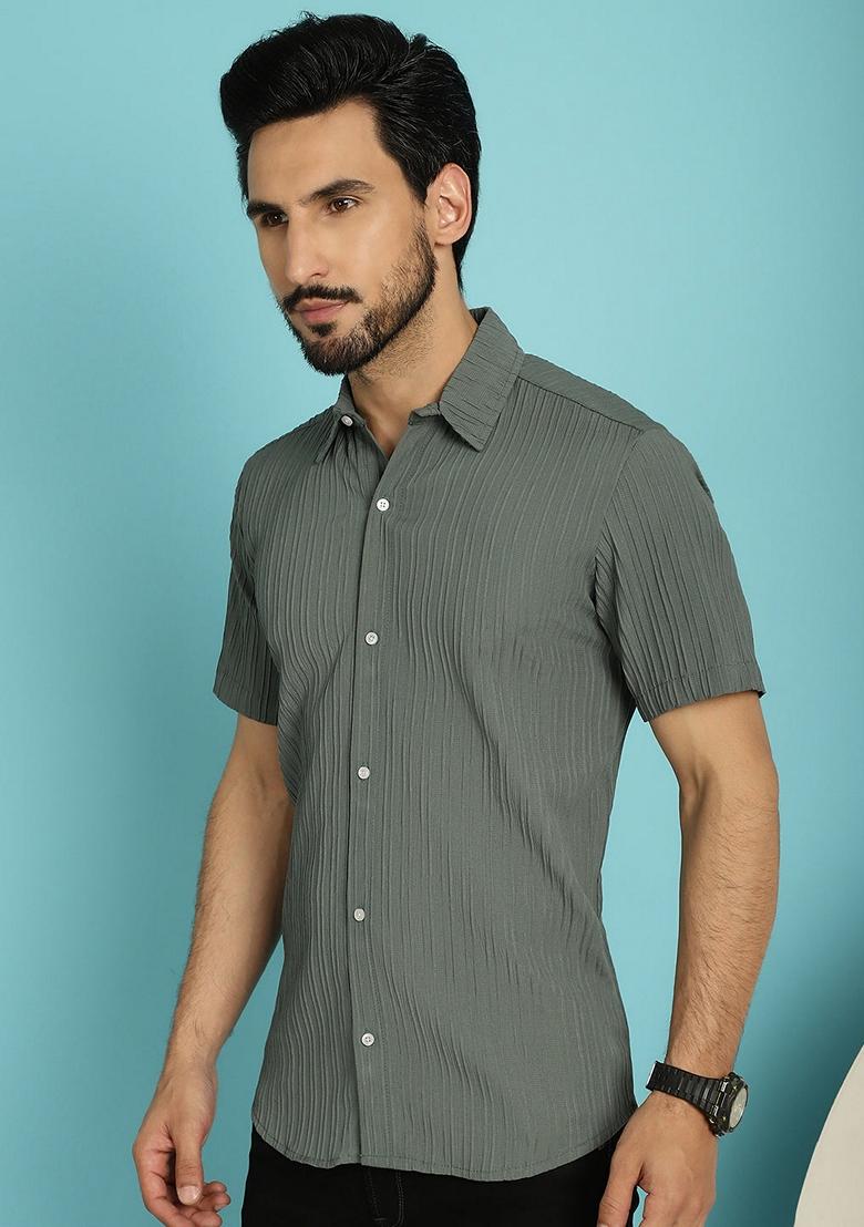 Grey Printed Cotton Blend Shirt For Men