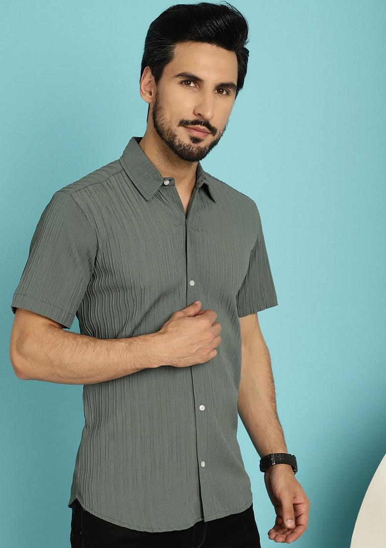 Grey Printed Cotton Blend Shirt For Men