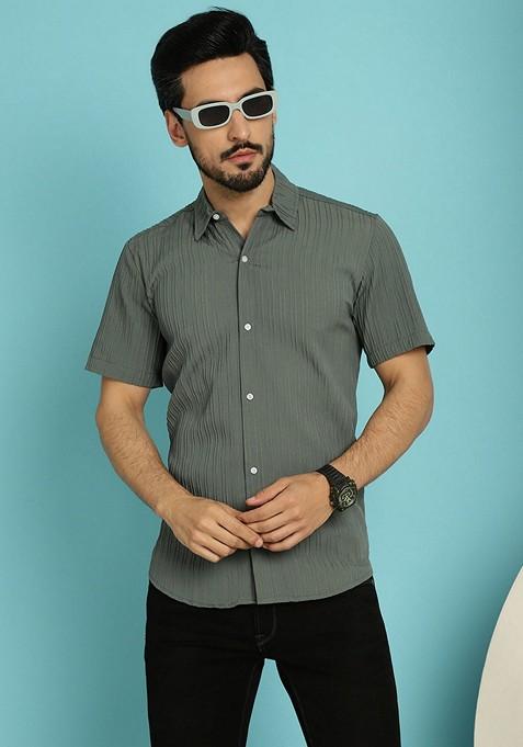 Grey Printed Cotton Blend Shirt For Men