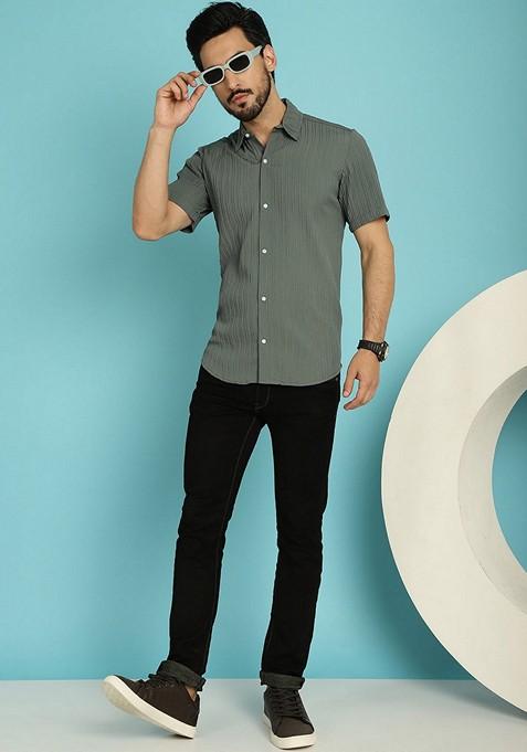 Grey Printed Cotton Blend Shirt For Men