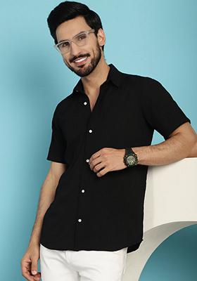 Black Printed Cotton Blend Shirt For Men
