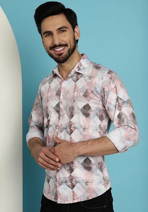 Brown Printed Cotton Blend Shirt For Men