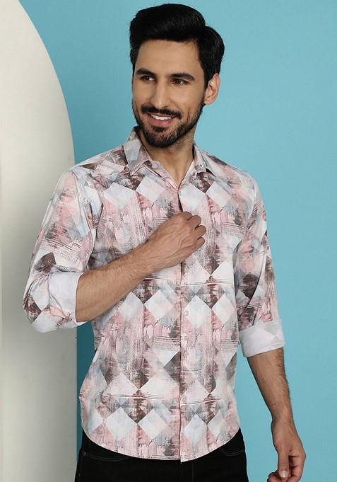 Brown Printed Cotton Blend Shirt For Men