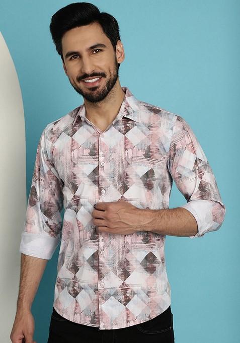 Brown Printed Cotton Blend Shirt For Men