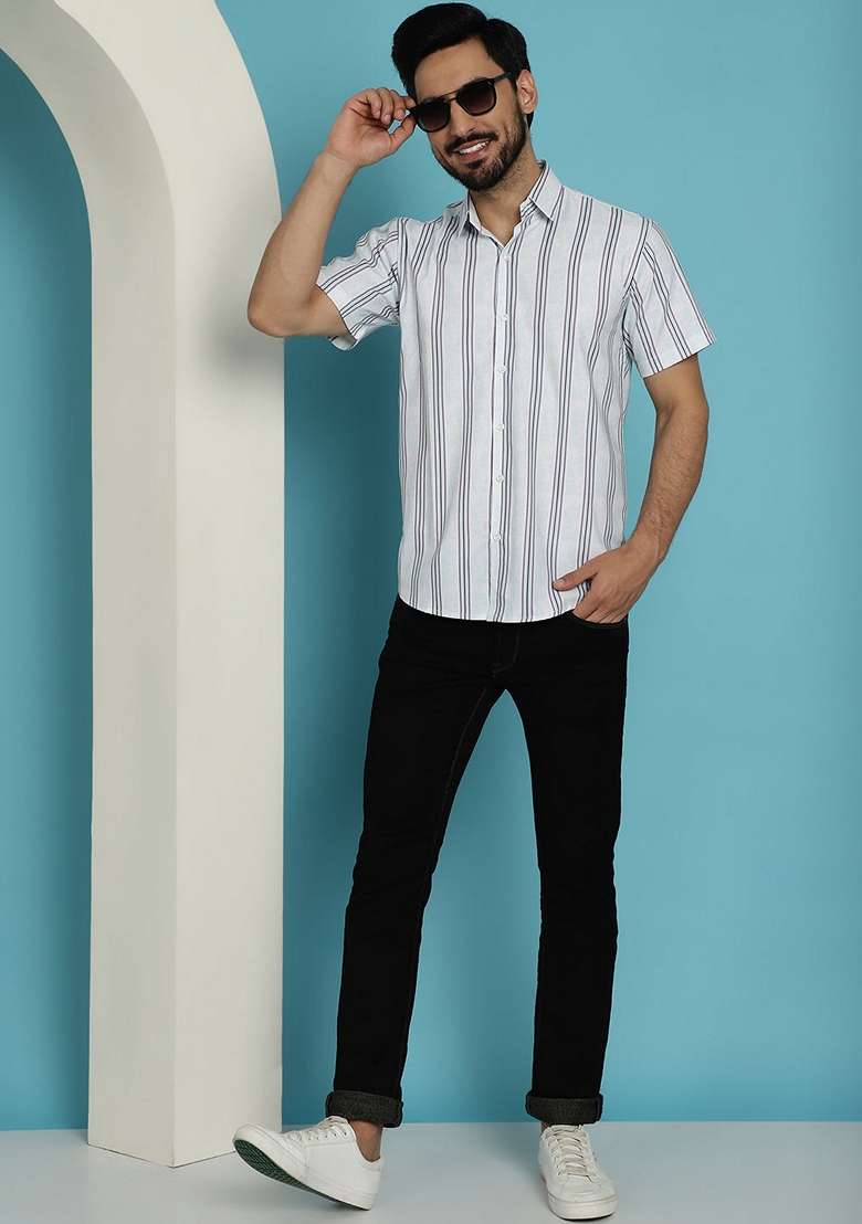 Blue Printed Cotton Blend Shirt For Men - Indya