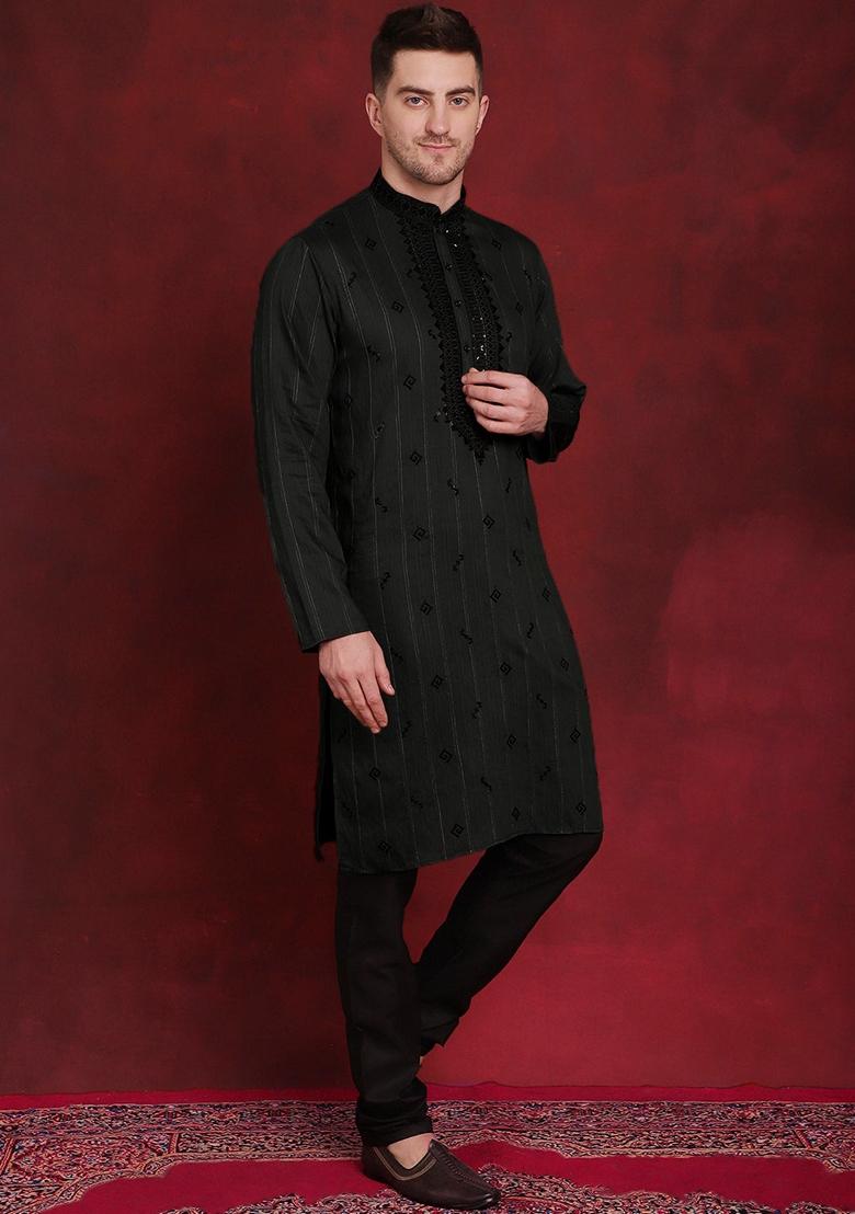 Olive Embroidered Viscose Rayon Kurta For Men - Indya