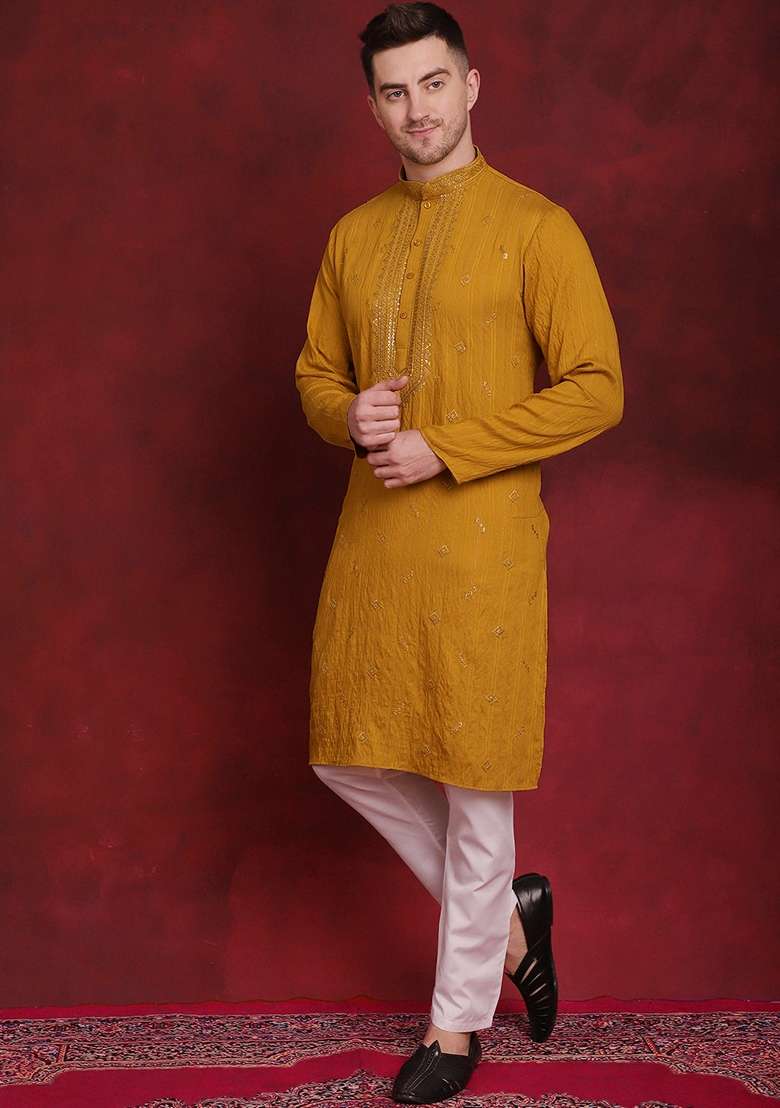 Mustard Embroidered Viscose Rayon Kurta For Men - Indya