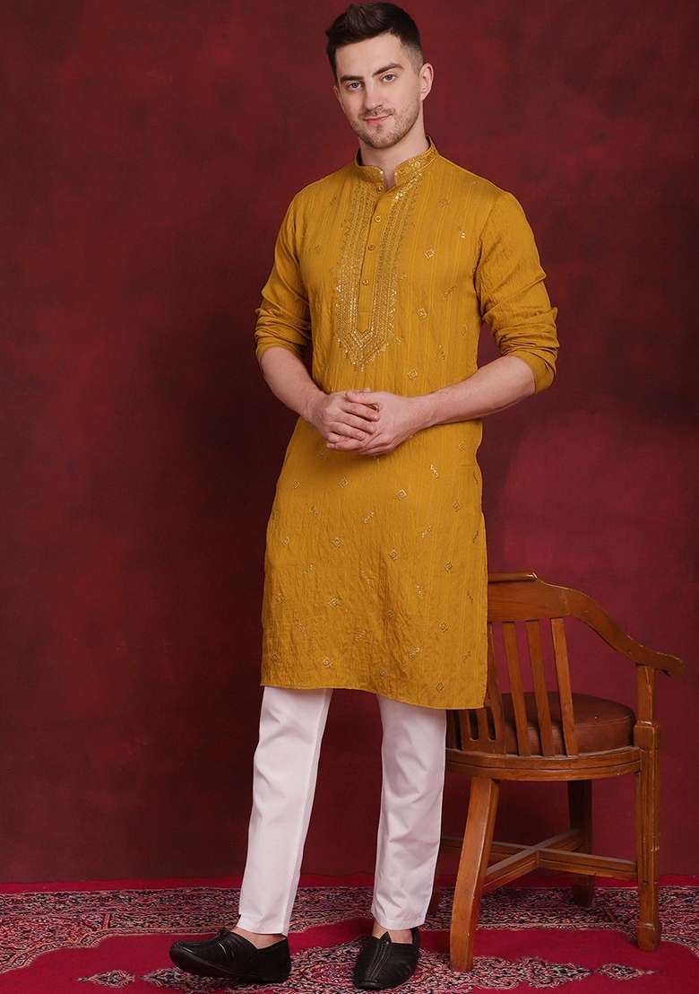 Mustard Embroidered Viscose Rayon Kurta For Men - Indya