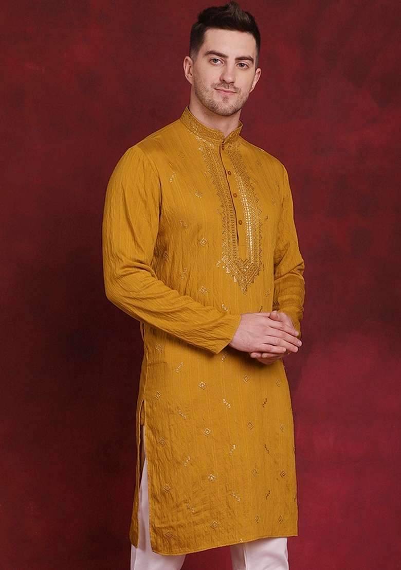 Mustard Embroidered Viscose Rayon Kurta For Men - Indya