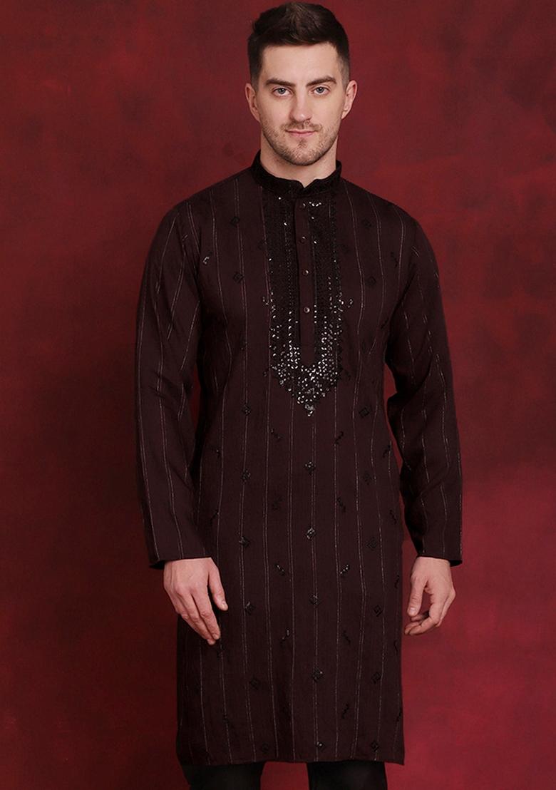 Maroon Embroidered Viscose Rayon Kurta For Men