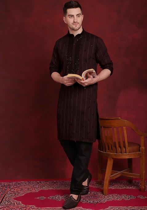 Maroon Embroidered Viscose Rayon Kurta For Men
