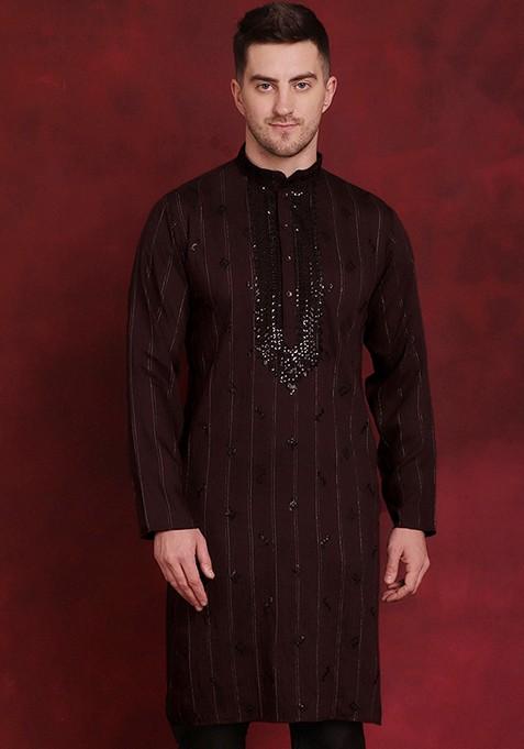 Maroon Embroidered Viscose Rayon Kurta For Men