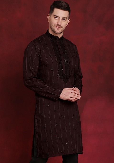 Maroon Embroidered Viscose Rayon Kurta For Men