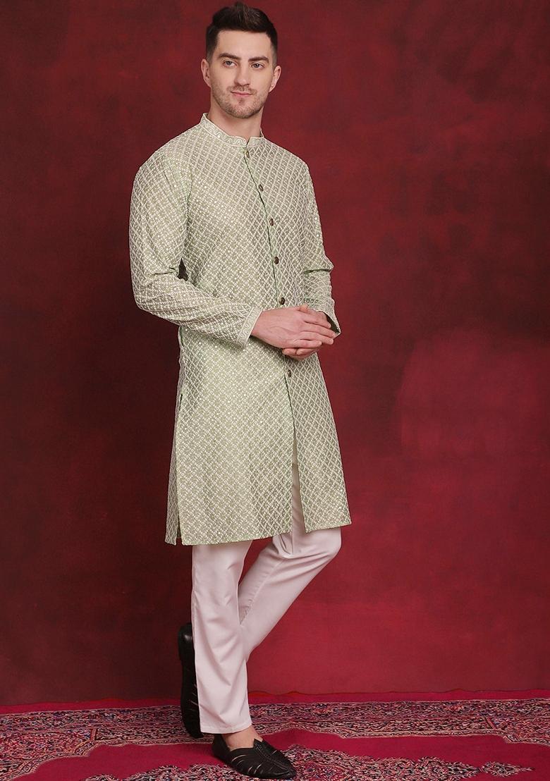 Pista Green Embroidered Silk Blend Kurta For Men