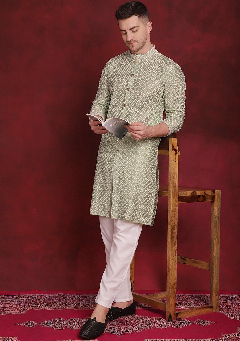 Pista Green Embroidered Silk Blend Kurta For Men