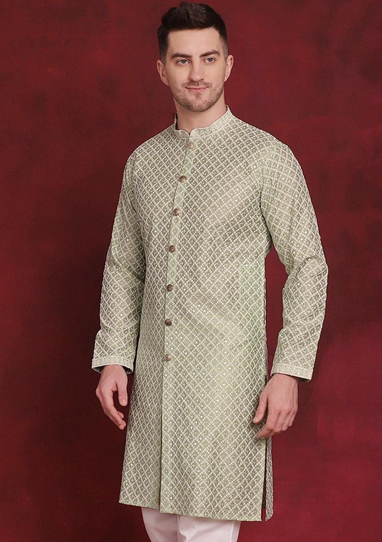 Pista Green Embroidered Silk Blend Kurta For Men