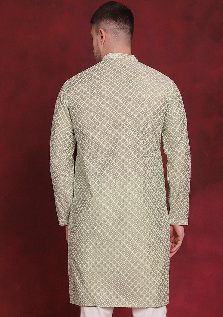 Pista Green Embroidered Silk Blend Kurta For Men
