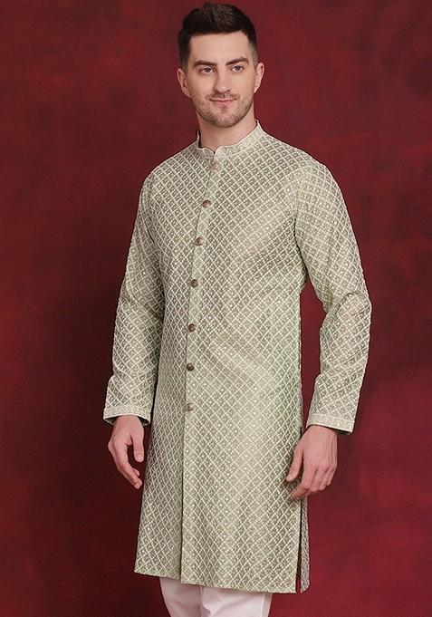 Pista Green Embroidered Silk Blend Kurta For Men