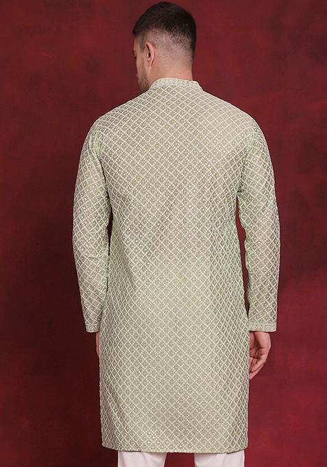 Pista Green Embroidered Silk Blend Kurta For Men