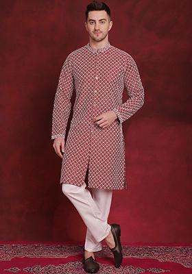 Maroon Embroidered Silk Blend Kurta For Men