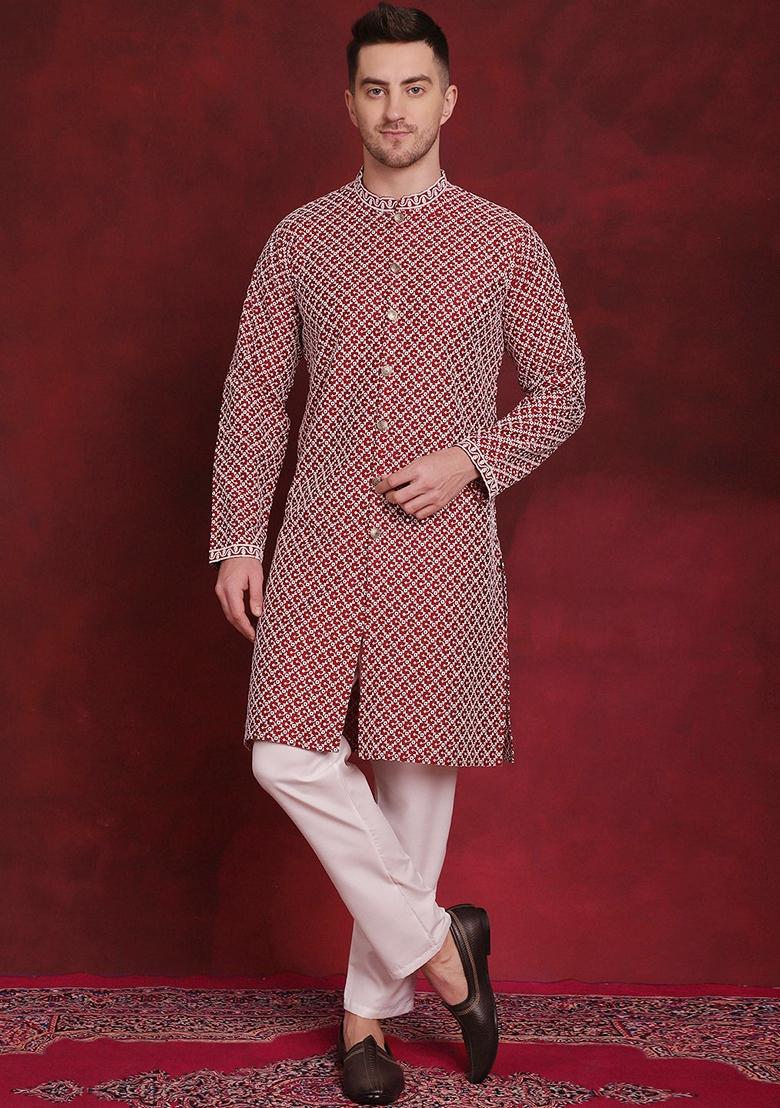 Maroon Embroidered Silk Blend Kurta For Men