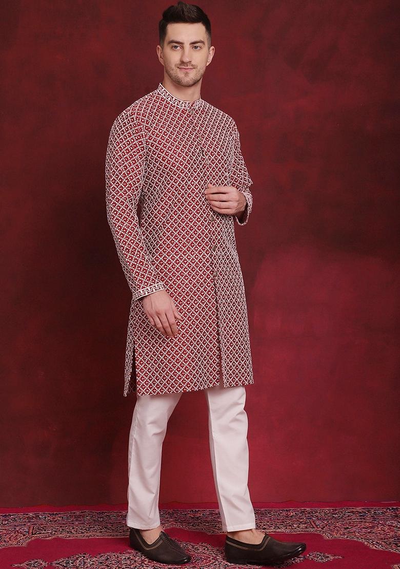 Maroon Embroidered Silk Blend Kurta For Men