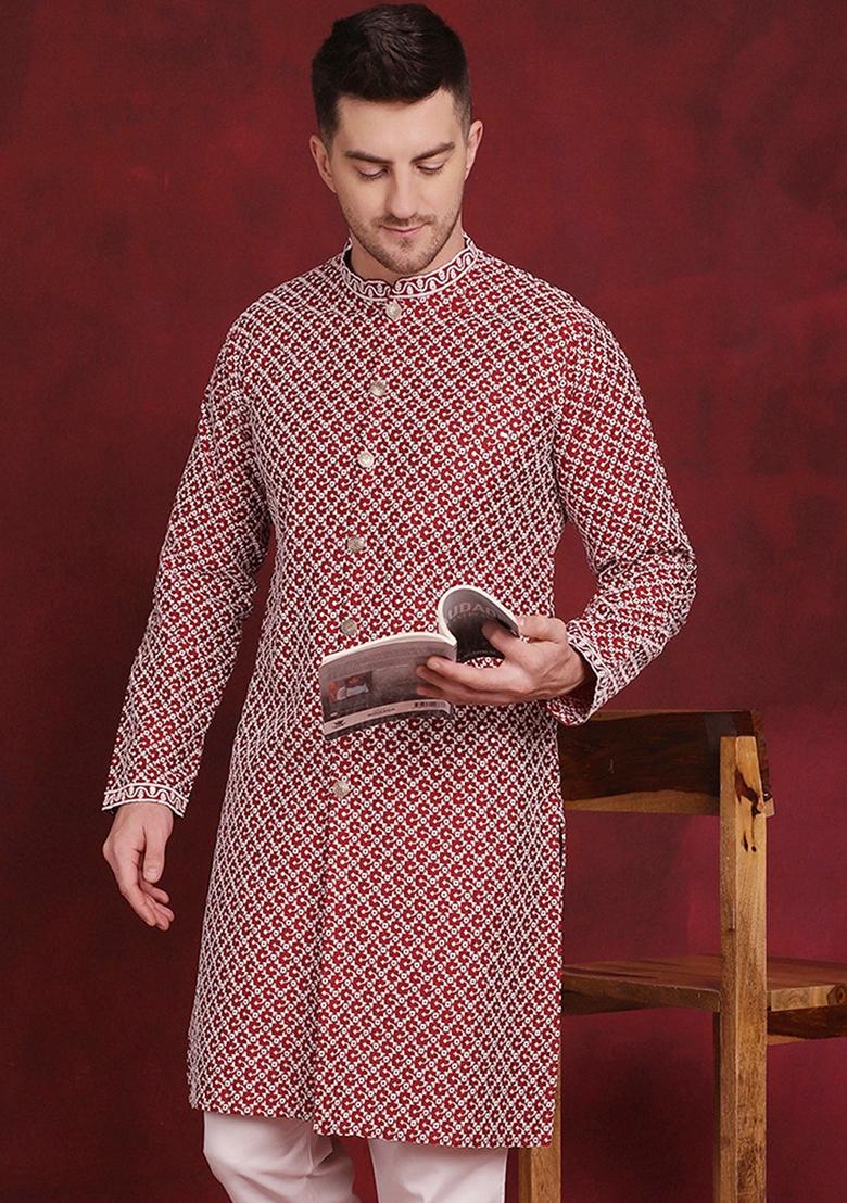 Maroon Embroidered Silk Blend Kurta For Men