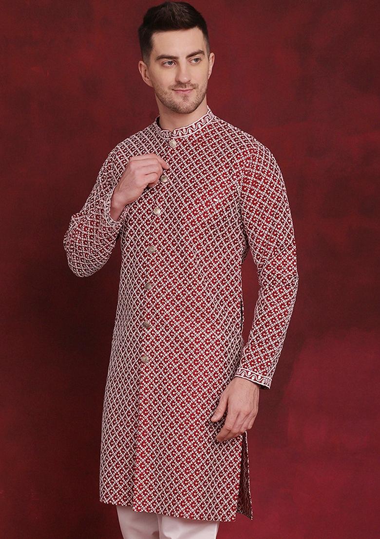Maroon Embroidered Silk Blend Kurta For Men
