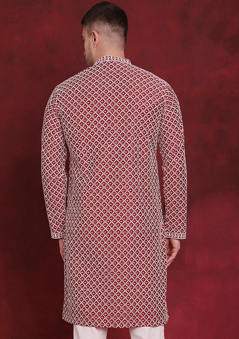 Maroon Embroidered Silk Blend Kurta For Men