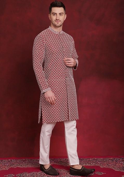 Maroon Embroidered Silk Blend Kurta For Men