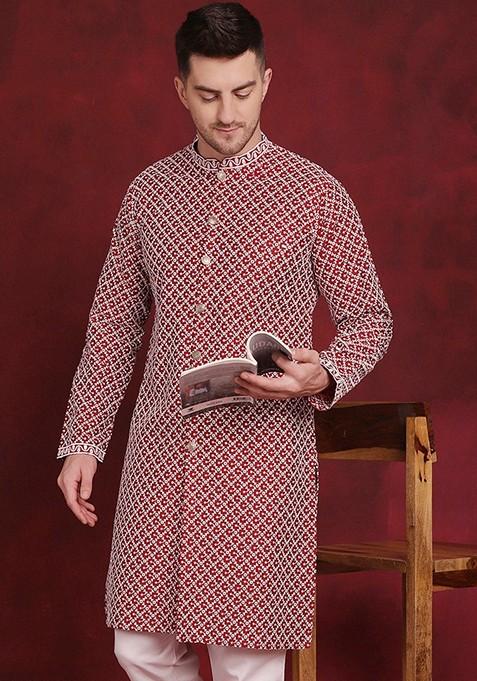 Maroon Embroidered Silk Blend Kurta For Men