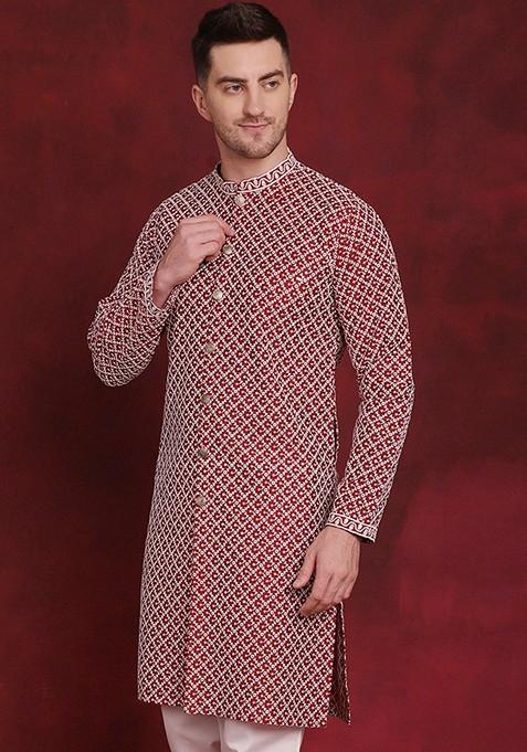 Maroon Embroidered Silk Blend Kurta For Men