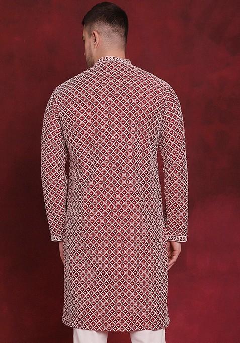 Maroon Embroidered Silk Blend Kurta For Men