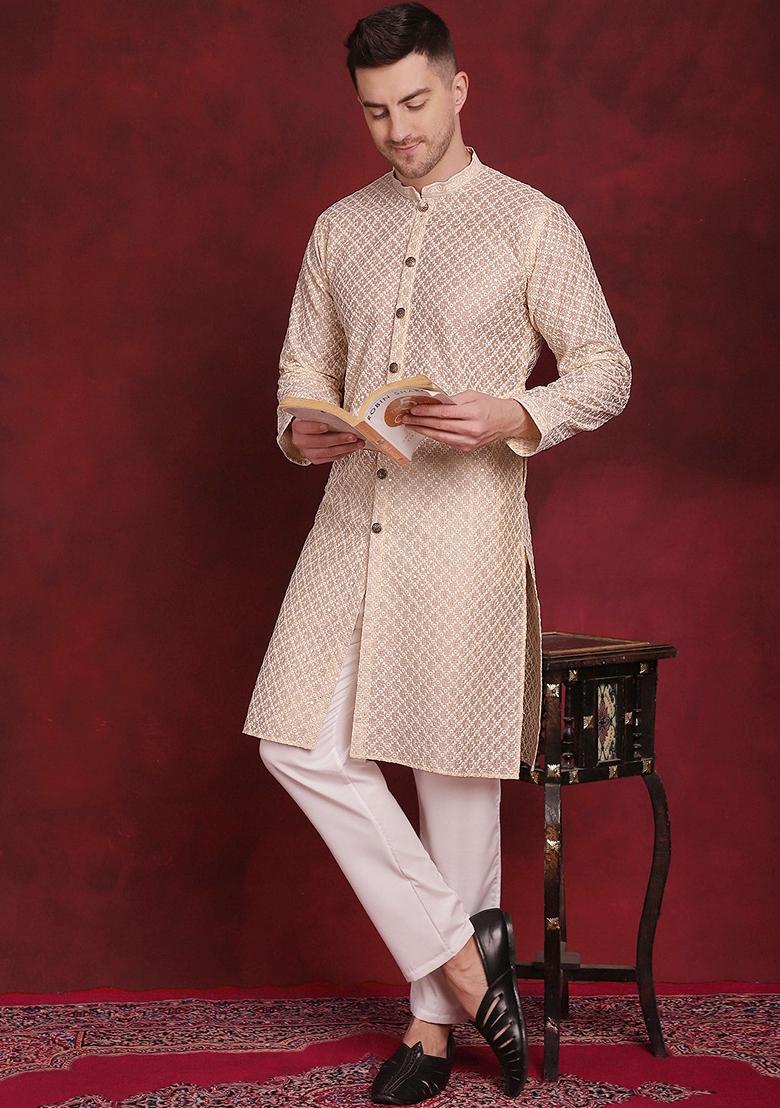 Golden Embroidered Silk Blend Kurta For Men
