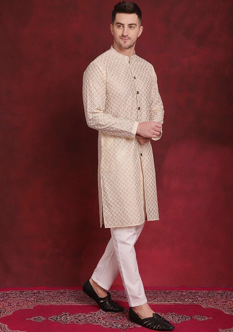 Golden Embroidered Silk Blend Kurta For Men - Indya