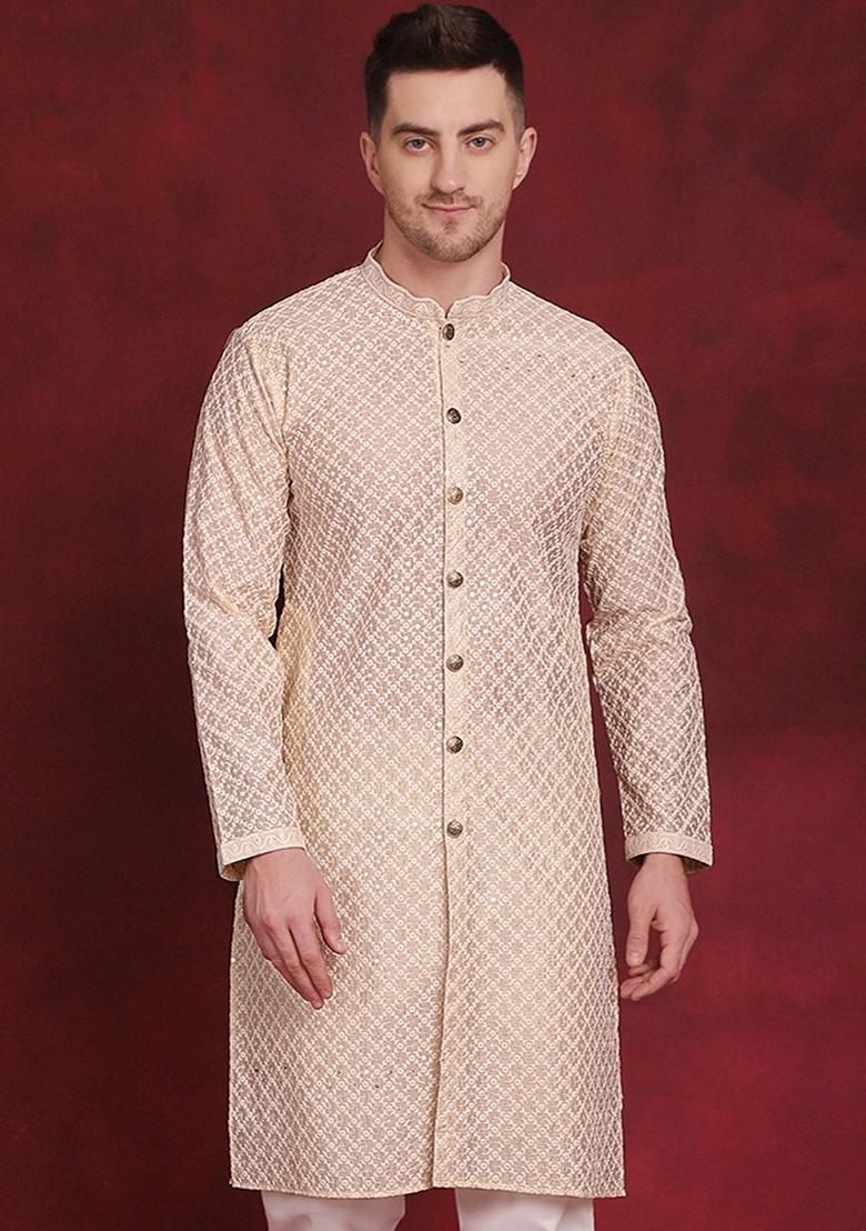Golden Embroidered Silk Blend Kurta For Men