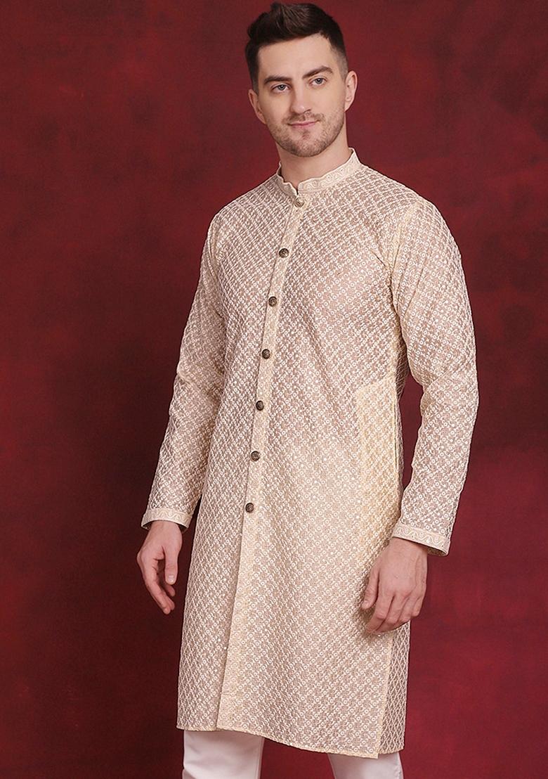 Golden Embroidered Silk Blend Kurta For Men - Indya
