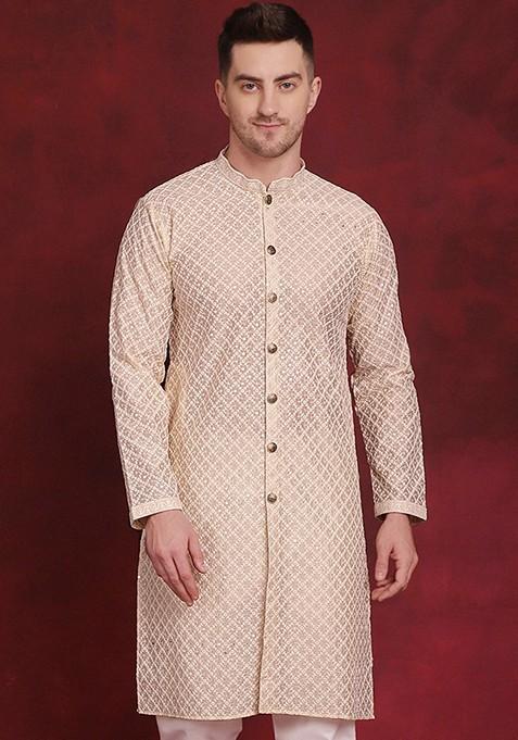 Golden Embroidered Silk Blend Kurta For Men