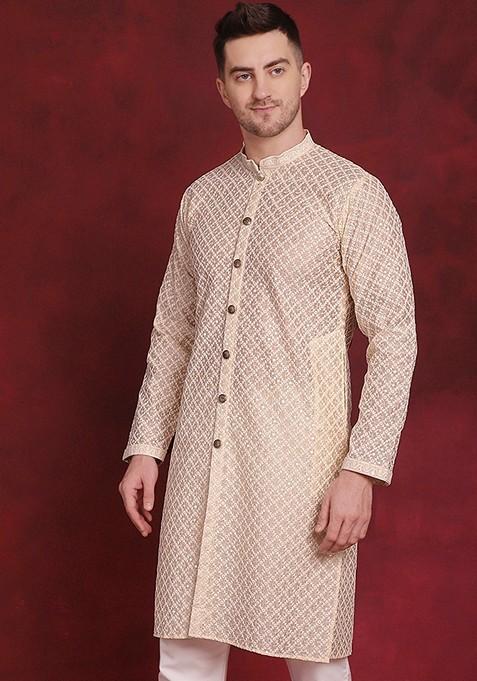 Golden Embroidered Silk Blend Kurta For Men