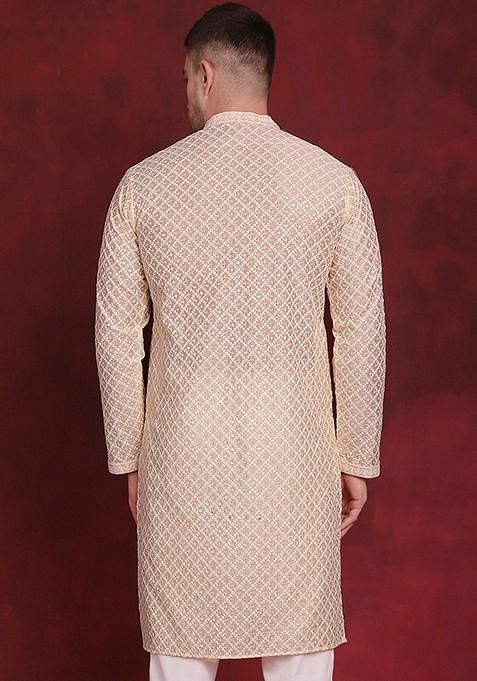 Golden Embroidered Silk Blend Kurta For Men
