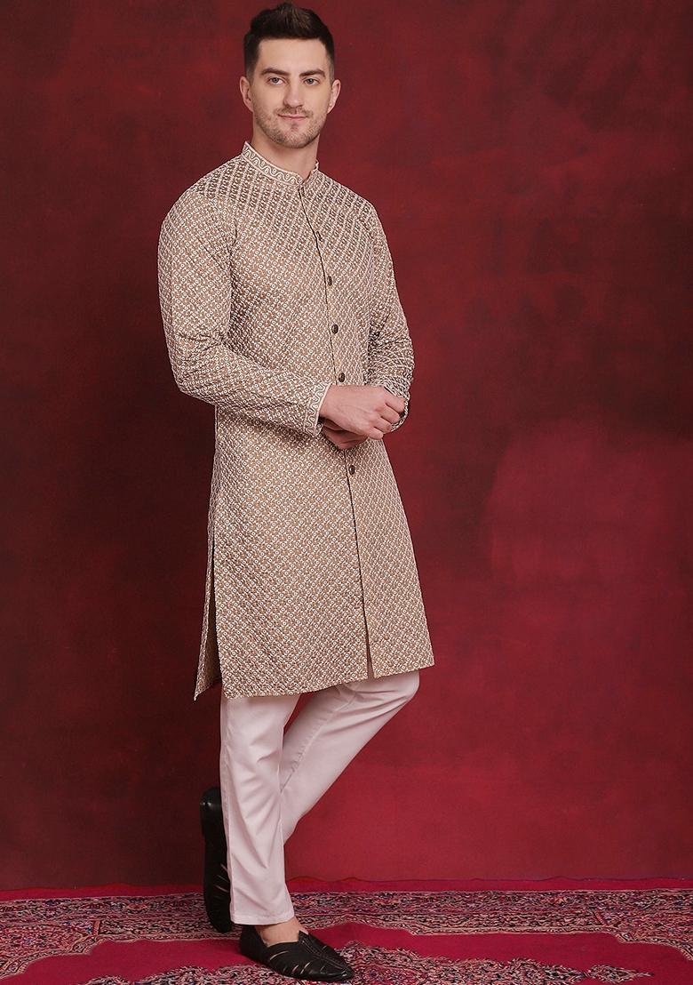 Beige Embroidered Silk Blend Kurta For Men - Indya