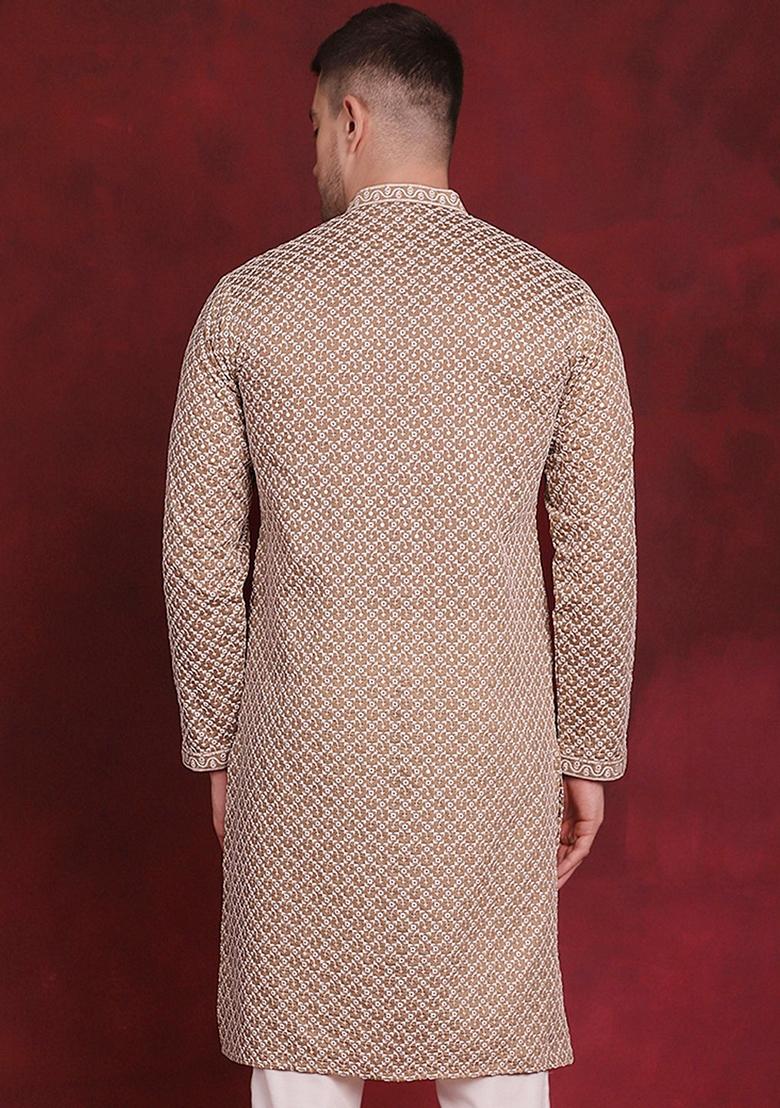 Beige Embroidered Silk Blend Kurta For Men
