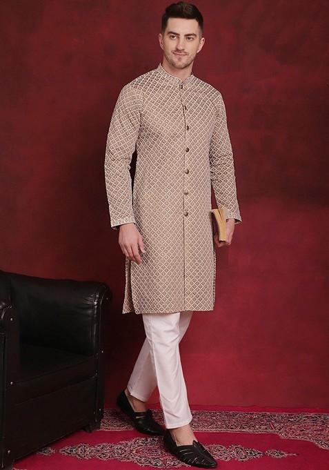 Beige Embroidered Silk Blend Kurta For Men