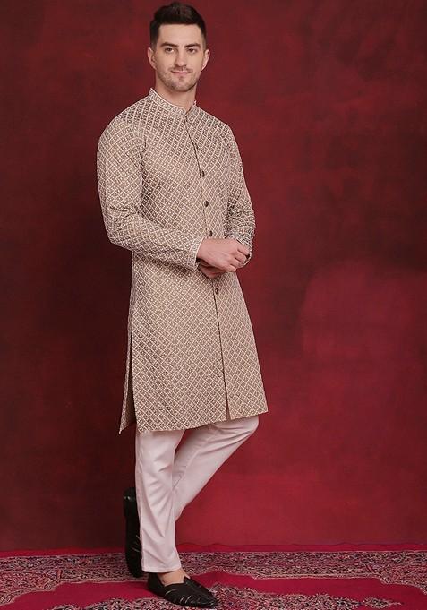 Beige Embroidered Silk Blend Kurta For Men