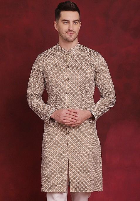 Beige Embroidered Silk Blend Kurta For Men
