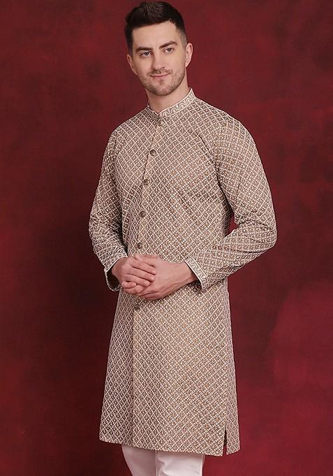 Beige Embroidered Silk Blend Kurta For Men