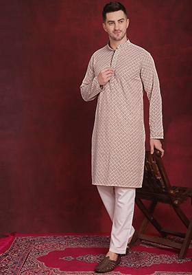 Beige Embroidered Cotton Kurta For Men